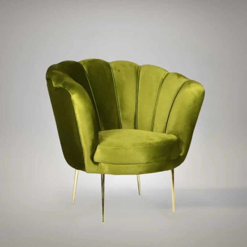 Poltrona a conchiglia in velluto colore verde e gambe oro - Orel