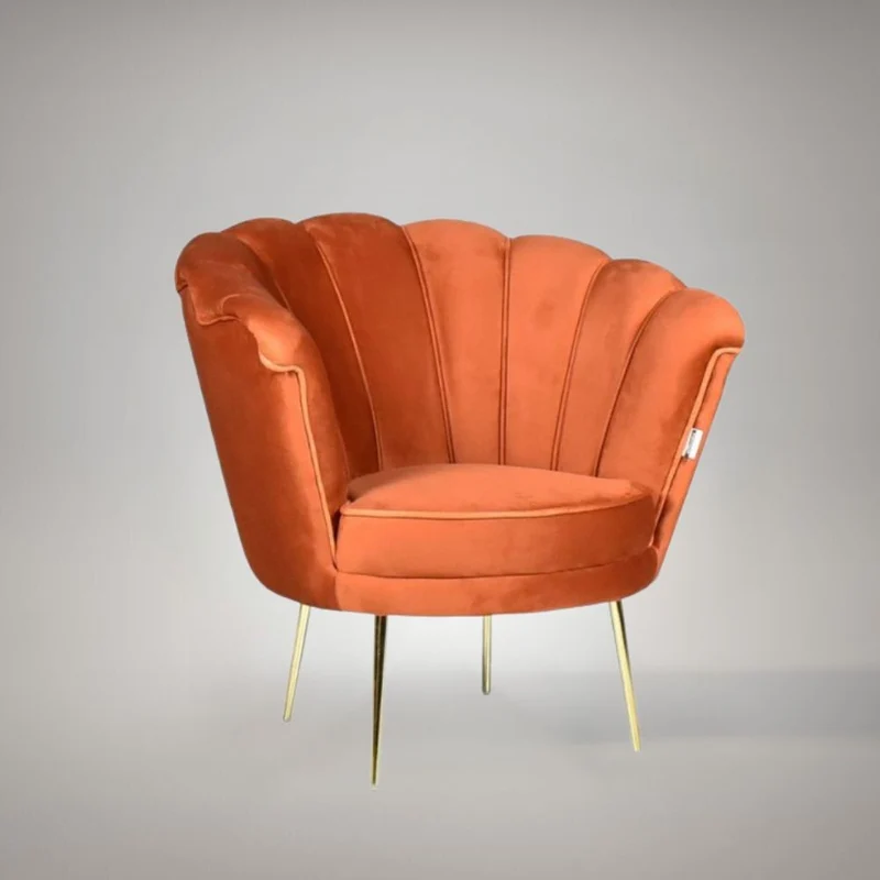 Poltrona a conchiglia in velluto colore arancio e gambe oro - Orel