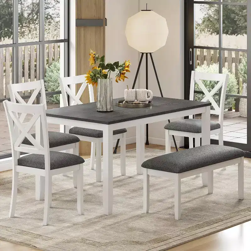 Ensemble de salle à manger Zevemomo 6 pièces en bois massif, comprenant 1 table à manger, 4 chaises rembourrées et 1 banc, pour salle à manger, cuisine, , Blanc diamant