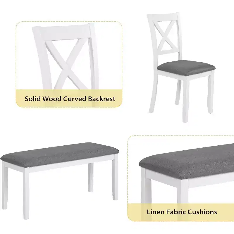 Ensemble de salle à manger Zevemomo 6 pièces en bois massif, comprenant 1 table à manger, 4 chaises rembourrées et 1 banc, pour salle à manger, cuisine, , Blanc diamant