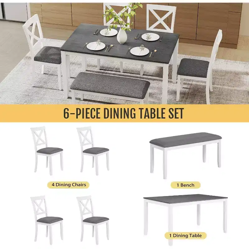 Ensemble de salle à manger Zevemomo 6 pièces en bois massif, comprenant 1 table à manger, 4 chaises rembourrées et 1 banc, pour salle à manger, cuisine, , Blanc diamant