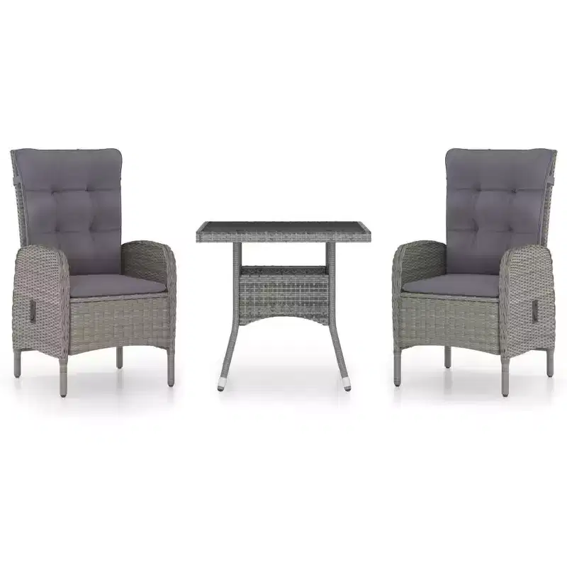 vidaXL Ensemble de jardin de repas gris en polyrotin, acier, verre, polyester 3 pièces