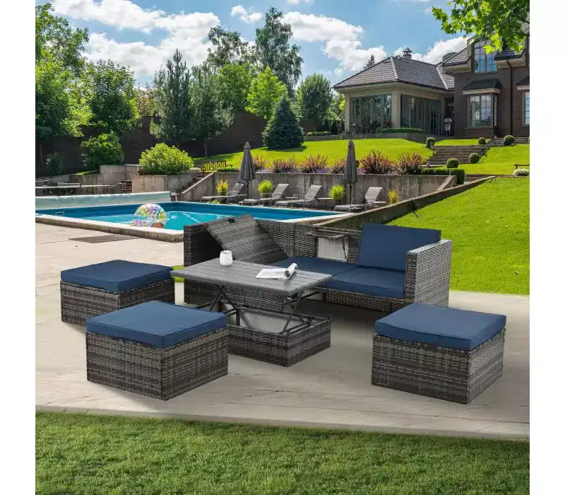Salons de jardin Bestier, ensemble de conversation d'extérieur en osier avec table relevable, dossier réglable, poufs, canapé modulable pour l'arrière-cour