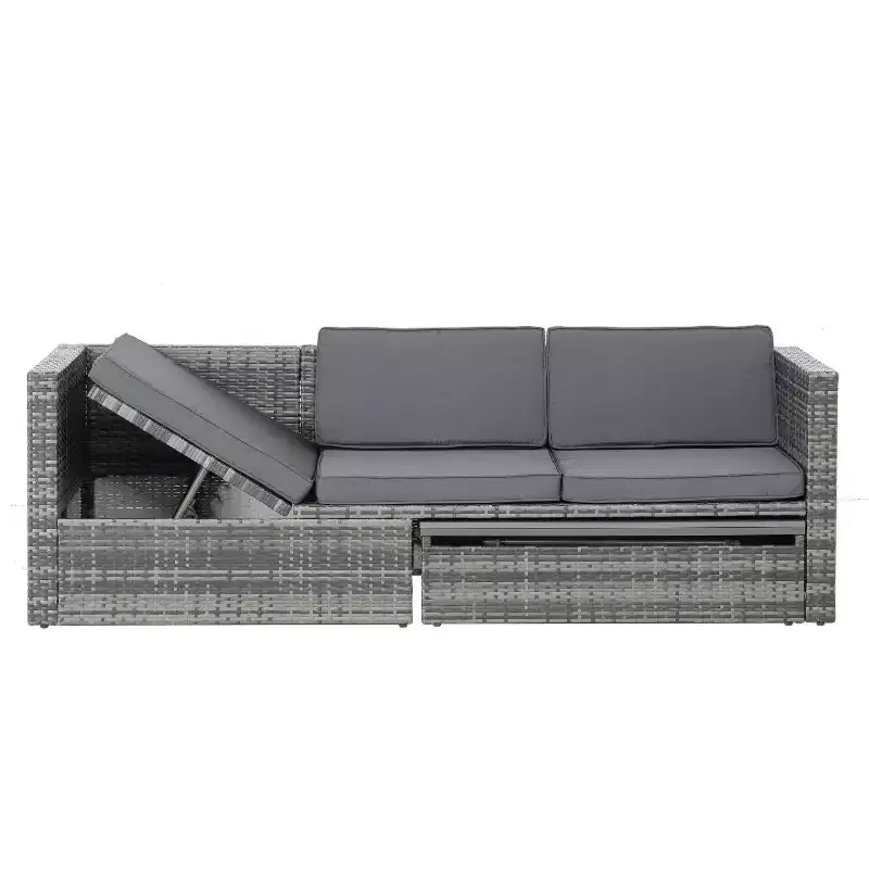 Salons de jardin Bestier, ensemble de conversation d'extérieur en osier avec table relevable, dossier réglable, poufs, canapé modulable pour l'arrière-cour