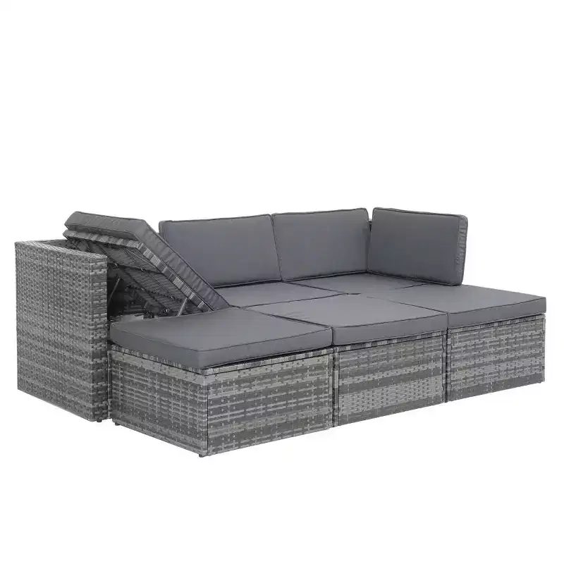 Salons de jardin Bestier, ensemble de conversation d'extérieur en osier avec table relevable, dossier réglable, poufs, canapé modulable pour l'arrière-cour