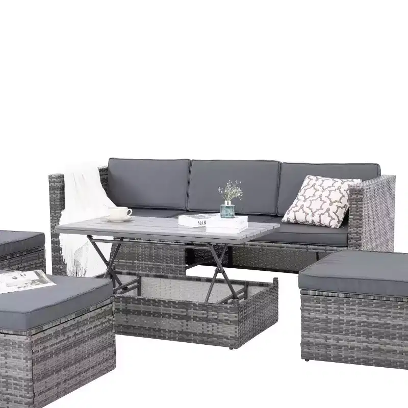 Salons de jardin Bestier, ensemble de conversation d'extérieur en osier avec table relevable, dossier réglable, poufs, canapé modulable pour l'arrière-cour