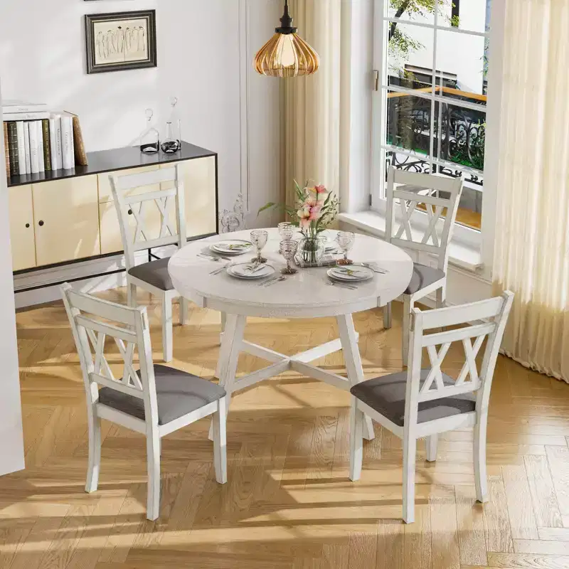 Ensemble de table à manger rustique VECELO, table ronde en bois d'hévéa et chaises de salle à manger rembourrées pour cuisine, gris
