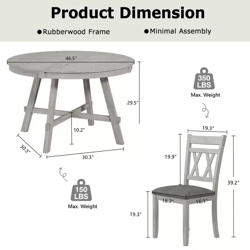Ensemble de table à manger rustique VECELO, table ronde en bois d'hévéa et chaises de salle à manger rembourrées pour cuisine, gris