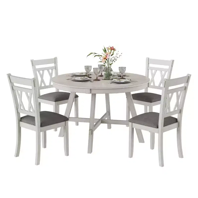 Ensemble de table à manger rustique VECELO, table ronde en bois d'hévéa et chaises de salle à manger rembourrées pour cuisine, gris