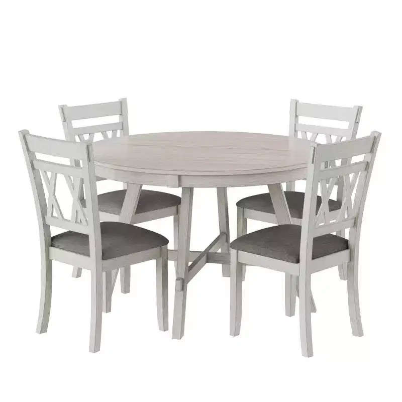 Ensemble de table à manger rustique VECELO, table ronde en bois d'hévéa et chaises de salle à manger rembourrées pour cuisine, gris