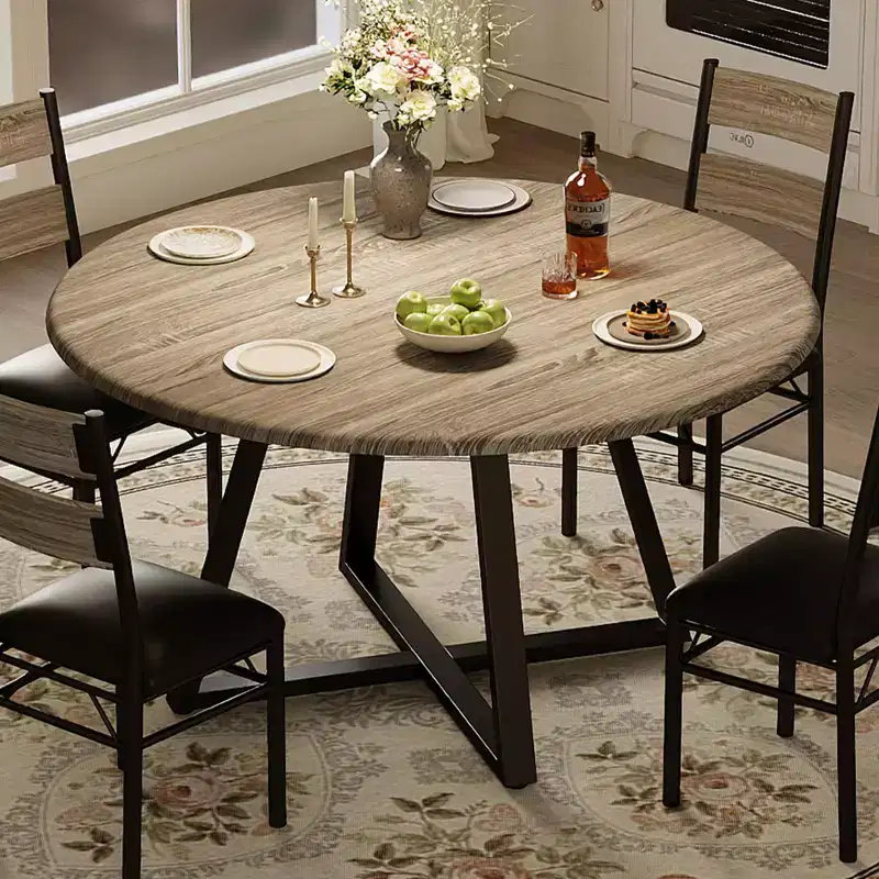 Ensemble de salle à manger rond 5 pièces pour 4 personnes, table de cuisine robuste en bois et 4 chaises rembourrées, ensemble de table à manger circulaire peu encombrant pour salle à manger