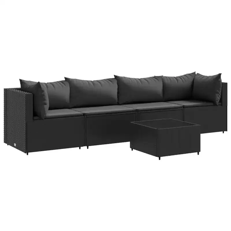 vidaXL - Salon de jardin 5 pièces avec coussins noirs - Rotin PE, cadre en acier, table basse en verre trempé - pour jardin, terrasse, patio
