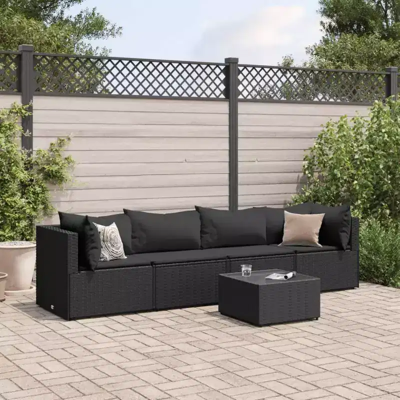 vidaXL - Salon de jardin 5 pièces avec coussins noirs - Rotin PE, cadre en acier, table basse en verre trempé - pour jardin, terrasse, patio