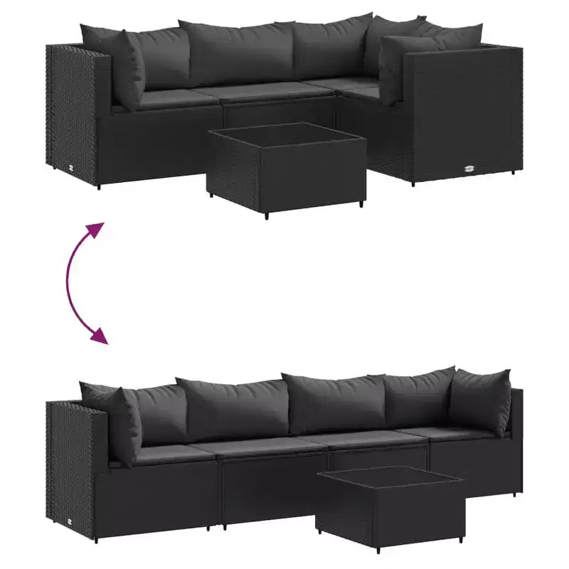 vidaXL - Salon de jardin 5 pièces avec coussins noirs - Rotin PE, cadre en acier, table basse en verre trempé - pour jardin, terrasse, patio