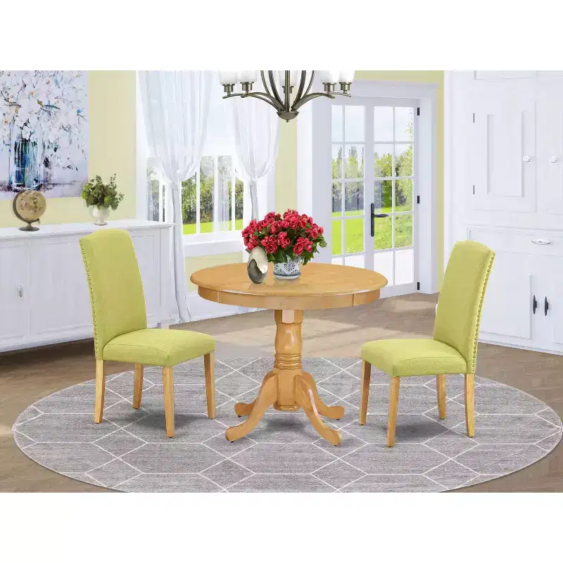 Ensemble table à manger ronde - Table de 36 pouces et 2 chaises - Tissu en lin - Base en bois massif