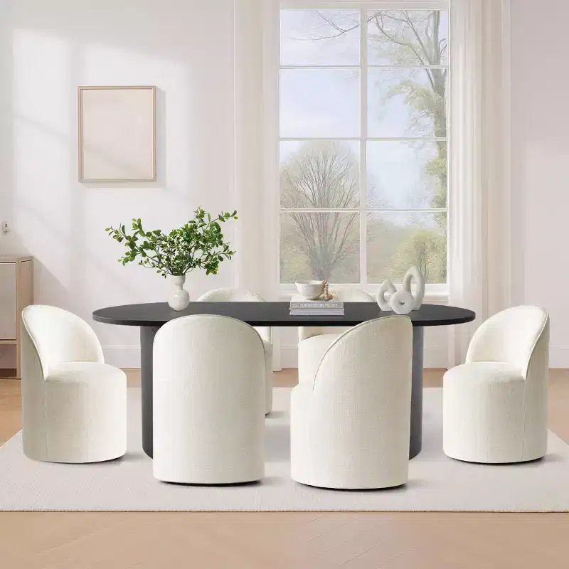 Ensemble de salle à manger 7 pièces pour cuisine, table ovale noire et chaises baquets en chenille, meubles de salle à manger modernes - Panipeachy