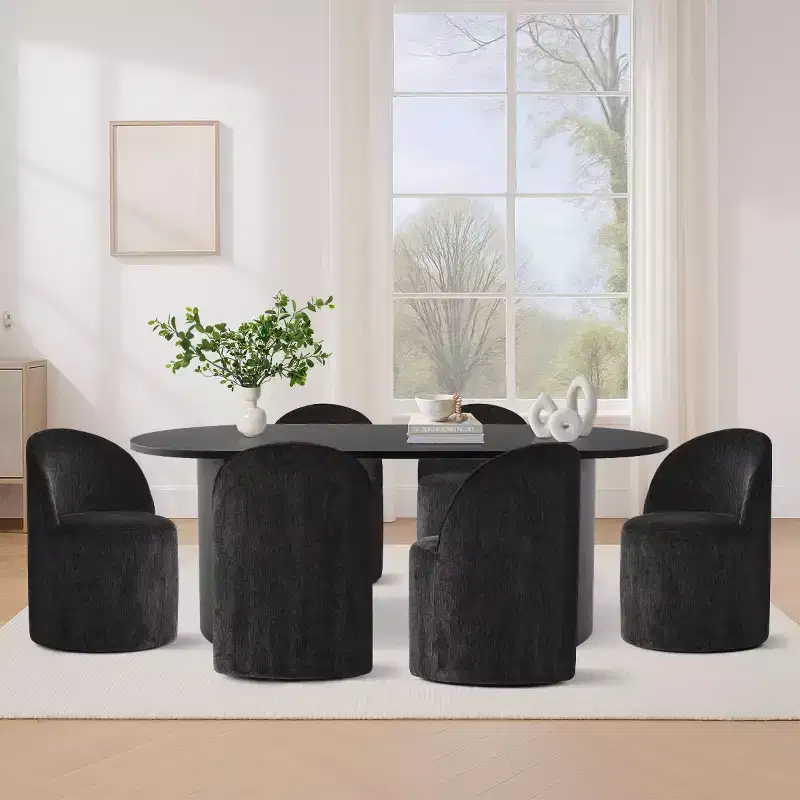 Ensemble de salle à manger 7 pièces pour cuisine, table ovale noire et chaises baquets en chenille, meubles de salle à manger modernes - Panipeachy