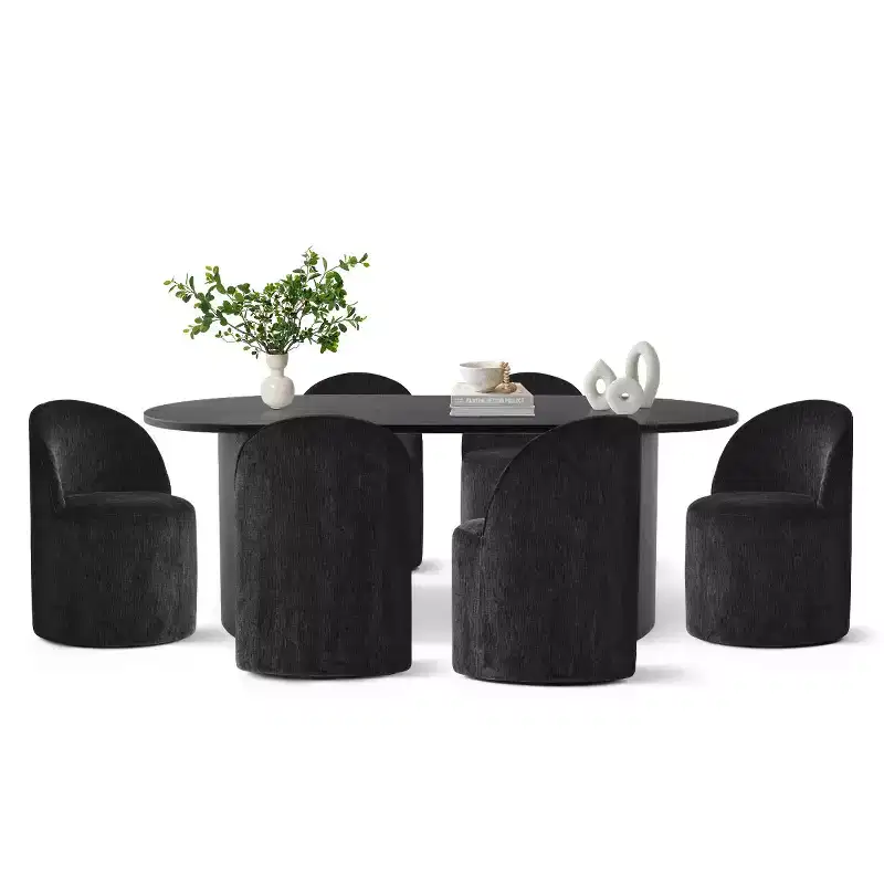 Ensemble de salle à manger 7 pièces pour cuisine, table ovale noire et chaises baquets en chenille, meubles de salle à manger modernes - Panipeachy