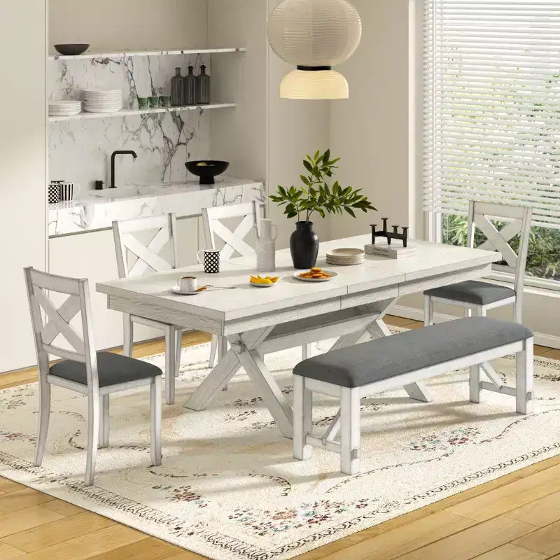 Ensemble de salle à manger extensible VECELO rustique 6 pièces, table en bois d'hévéa avec 4 chaises de salle à manger rembourrées sans accoudoirs et banc pour cuisine, gris