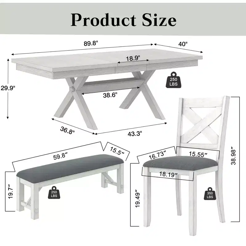 Ensemble de salle à manger extensible VECELO rustique 6 pièces, table en bois d'hévéa avec 4 chaises de salle à manger rembourrées sans accoudoirs et banc pour cuisine, gris