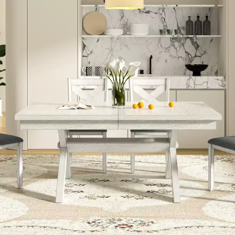 Ensemble de salle à manger extensible VECELO rustique 6 pièces, table en bois d'hévéa avec 4 chaises de salle à manger rembourrées sans accoudoirs et banc pour cuisine, gris