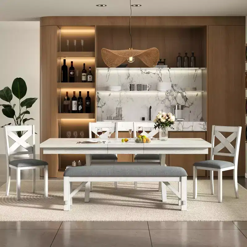 Ensemble de salle à manger extensible VECELO rustique 6 pièces, table en bois d'hévéa avec 4 chaises de salle à manger rembourrées sans accoudoirs et banc pour cuisine, gris