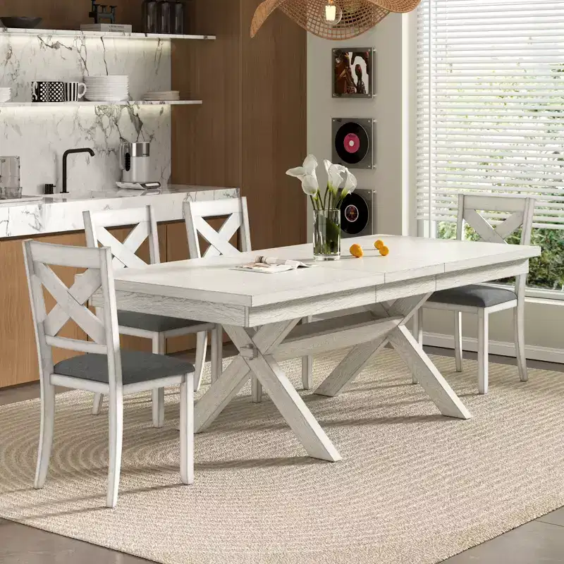 Ensemble de salle à manger extensible VECELO rustique 6 pièces, table en bois d'hévéa avec 4 chaises de salle à manger rembourrées sans accoudoirs et banc pour cuisine, gris