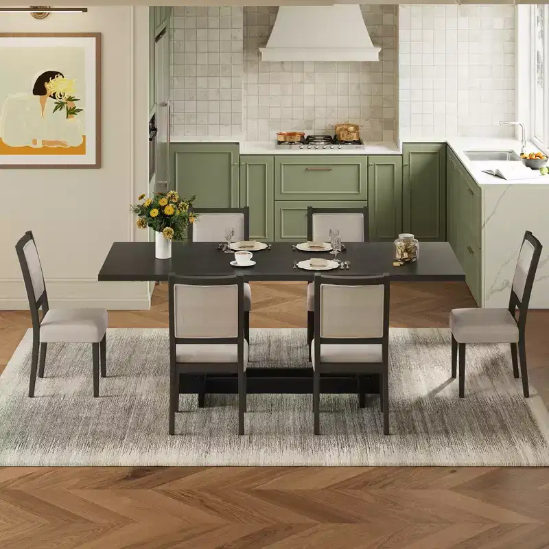 Ensemble de salle à manger GDFStudio Elba 82 de 7 pièces en bois d'hévéa rembourré avec table à tréteaux extensible
