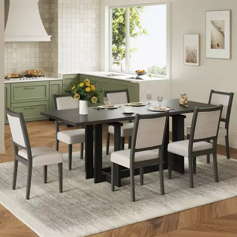 Ensemble de salle à manger GDFStudio Elba 82 de 7 pièces en bois d'hévéa rembourré avec table à tréteaux extensible