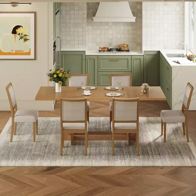 Ensemble de salle à manger GDFStudio Elba 82 de 7 pièces en bois d'hévéa rembourré avec table à tréteaux extensible