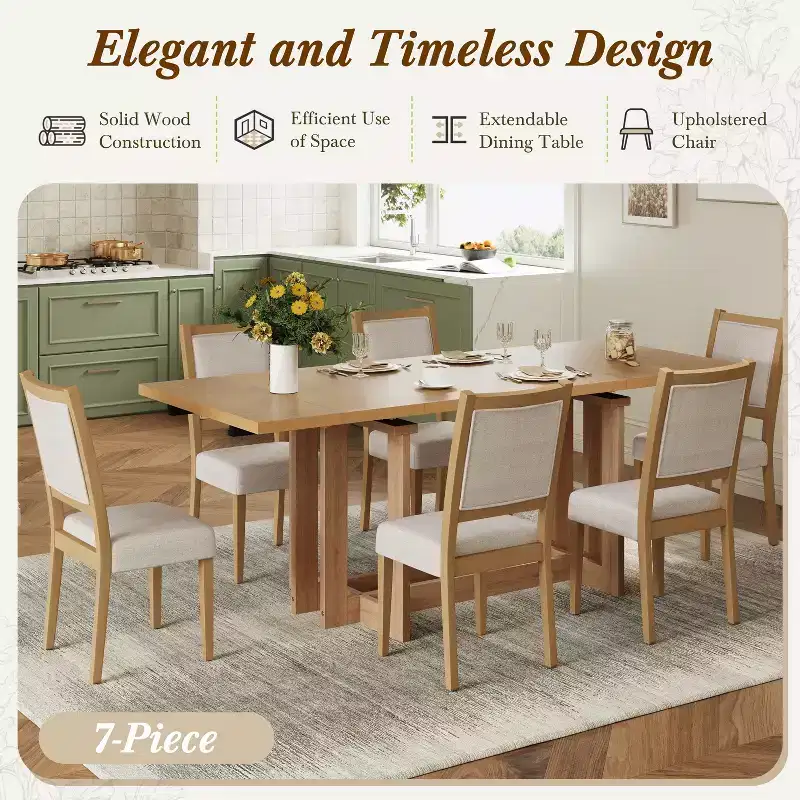 Ensemble de salle à manger GDFStudio Elba 82 de 7 pièces en bois d'hévéa rembourré avec table à tréteaux extensible