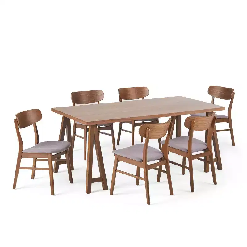 GDFStudio Alexis - Ensemble de salle à manger 7 pièces mi-moderne en tissu et bois d'hévéa rembourré