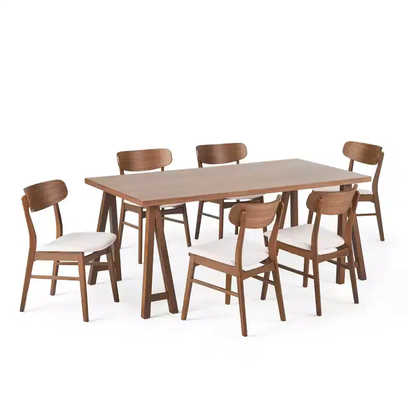 GDFStudio Alexis - Ensemble de salle à manger 7 pièces mi-moderne en tissu et bois d'hévéa rembourré