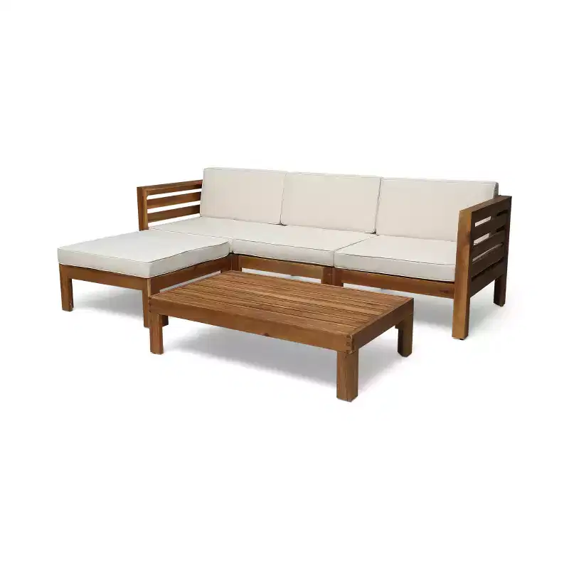 GDFStudio Cavendish Ensemble de conversation de canapé 3 places en bois d'acacia avec ottoman pour l'extérieur