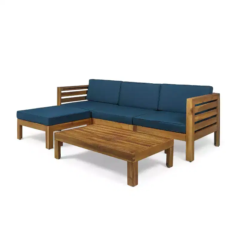 GDFStudio Cavendish Ensemble de conversation de canapé 3 places en bois d'acacia avec ottoman pour l'extérieur