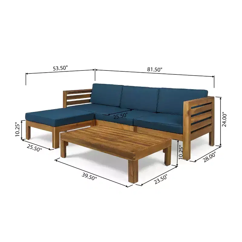 GDFStudio Cavendish Ensemble de conversation de canapé 3 places en bois d'acacia avec ottoman pour l'extérieur