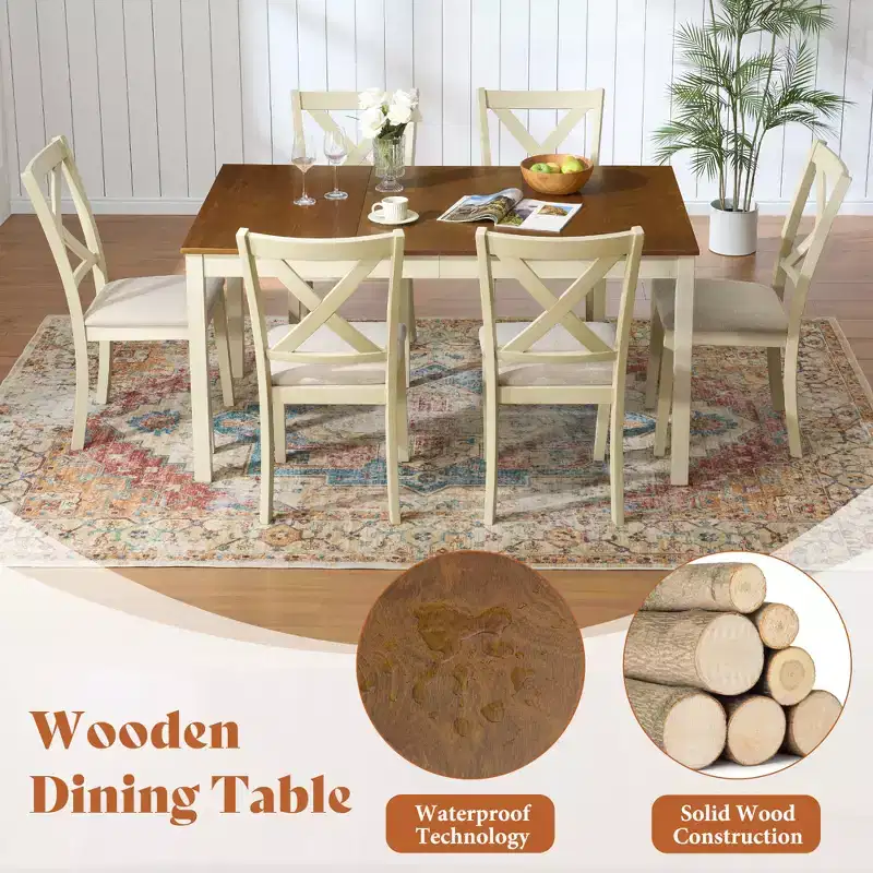 AMERLIFE Ensemble de salle à manger 7 pièces de style ferme, table de 152 cm peu encombrante avec 6 chaises pour salle à manger, cuisine