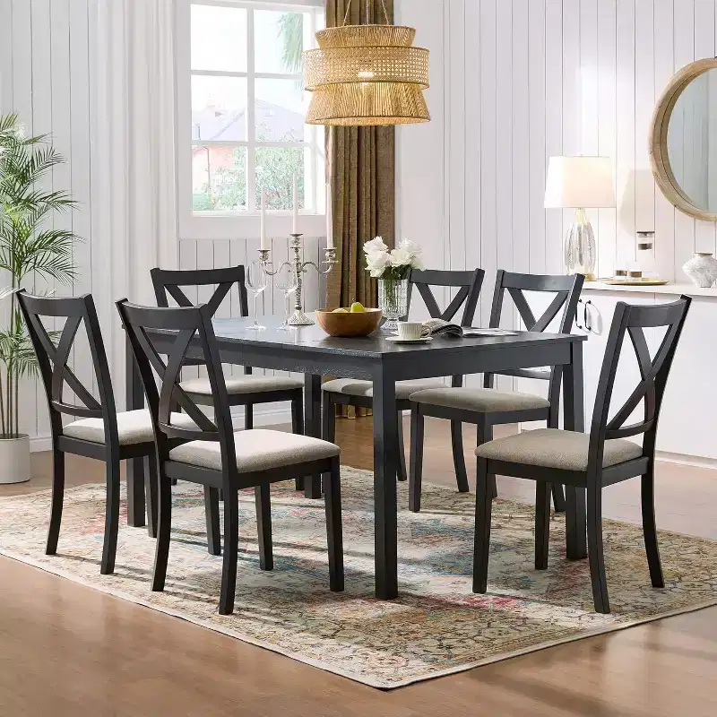 AMERLIFE Ensemble de salle à manger 7 pièces de style ferme, table de 152 cm peu encombrante avec 6 chaises pour salle à manger, cuisine