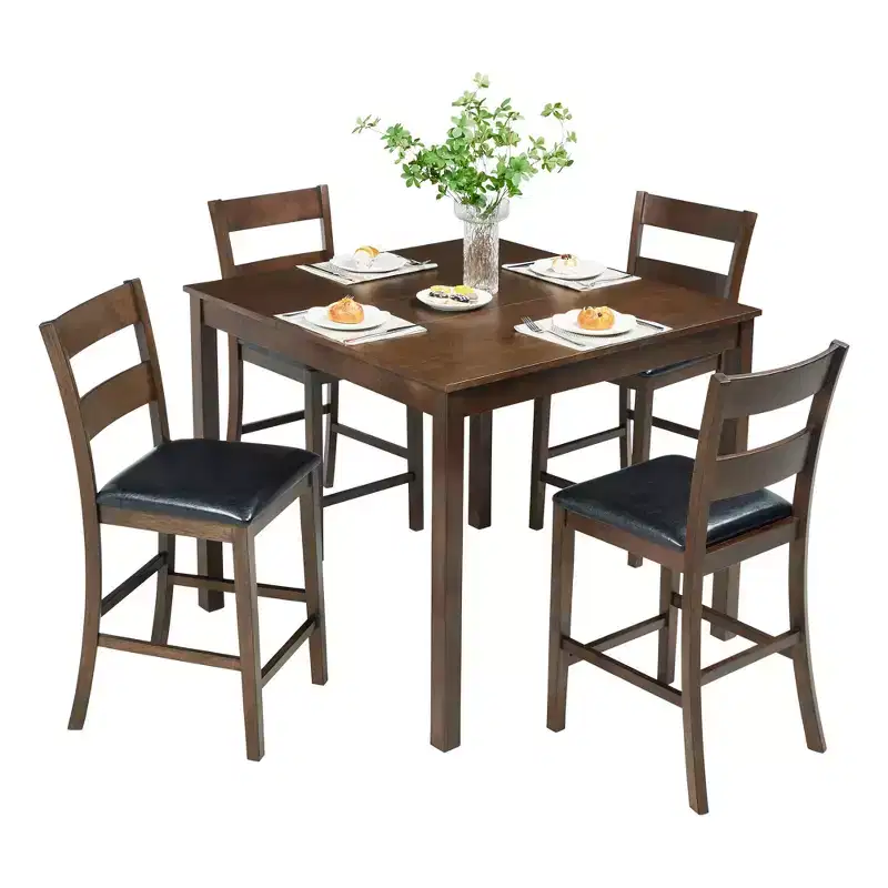 Ensemble de salle à manger 5 pièces en bois massif AMERLIFE, chaises avec dossiers incurvés et coussins en PU, noir/noyer