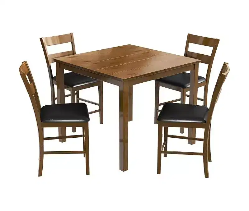 Ensemble de salle à manger 5 pièces en bois massif AMERLIFE, chaises avec dossiers incurvés et coussins en PU, noir/noyer