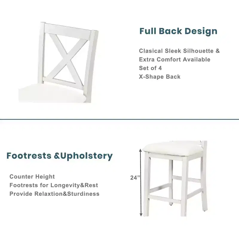 Ensemble table et chaises Homy Casa 5 pièces hauteur comptoir avec étagères de rangement, blanc et noyer, style ferme moderne