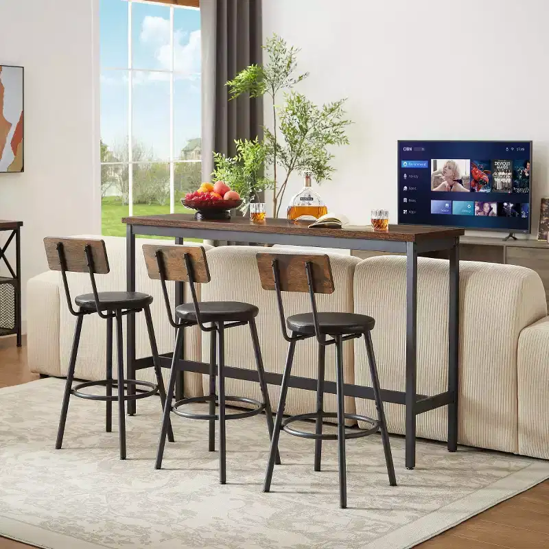 Ensemble de salle à manger industriel 4 pièces avec 3 tabourets de comptoir rembourrés, table de bar de cuisine ou de maison peu encombrante - Panipeachy