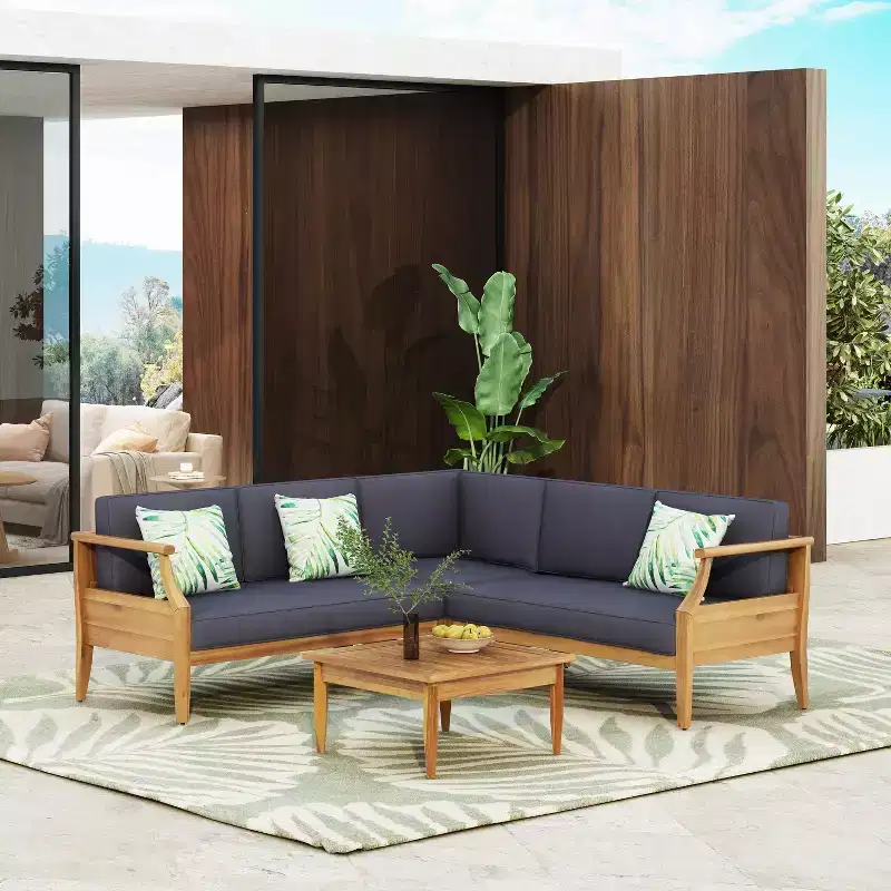 Christopher Knight Home Bianca Ensemble de conversation sectionnel 5 places en bois d'acacia pour extérieur avec coussins, teck/gris foncé