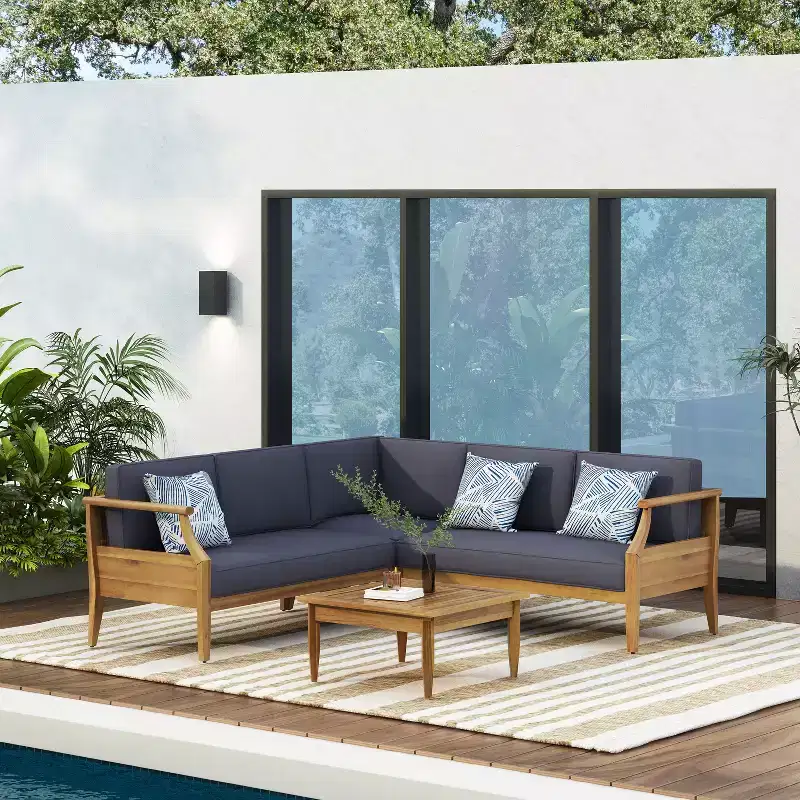 Christopher Knight Home Bianca Ensemble de conversation sectionnel 5 places en bois d'acacia pour extérieur avec coussins, teck/gris foncé