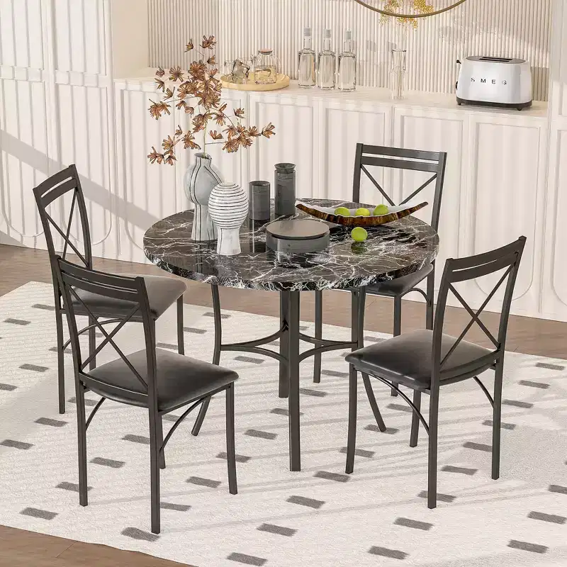 VECELO Ensemble table et 4 chaises de salle à manger, dînette en faux marbre avec 4 chaises pour cuisine, petit espace, noir/blanc
