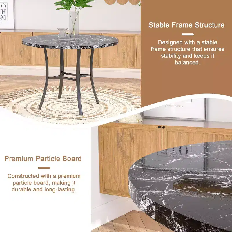 VECELO Ensemble table et 4 chaises de salle à manger, dînette en faux marbre avec 4 chaises pour cuisine, petit espace, noir/blanc