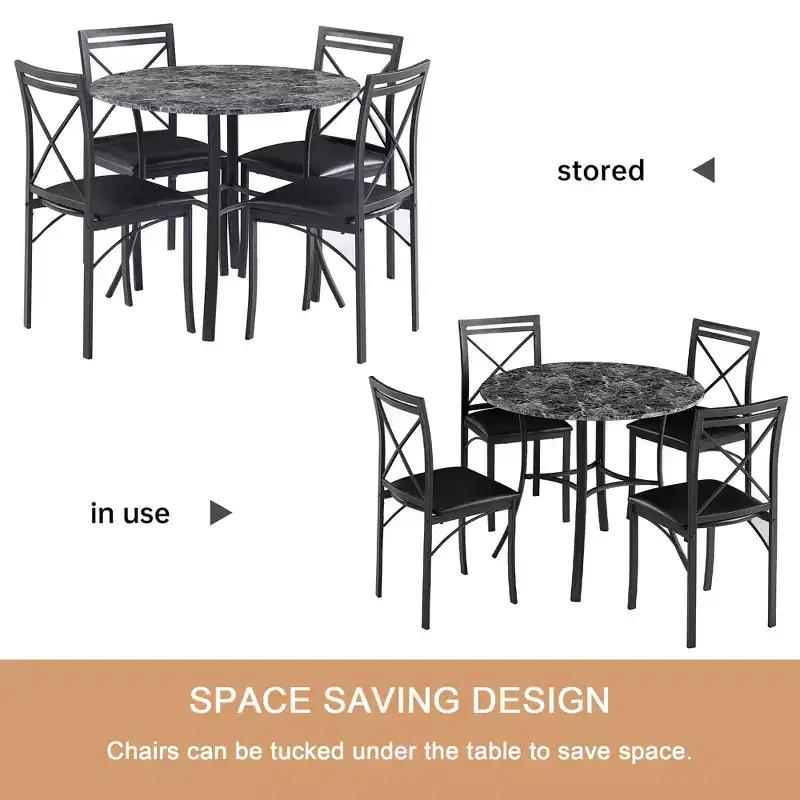 VECELO Ensemble table et 4 chaises de salle à manger, dînette en faux marbre avec 4 chaises pour cuisine, petit espace, noir/blanc