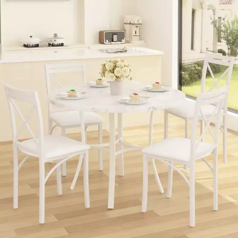 VECELO Ensemble table et 4 chaises de salle à manger, dînette en faux marbre avec 4 chaises pour cuisine, petit espace, noir/blanc