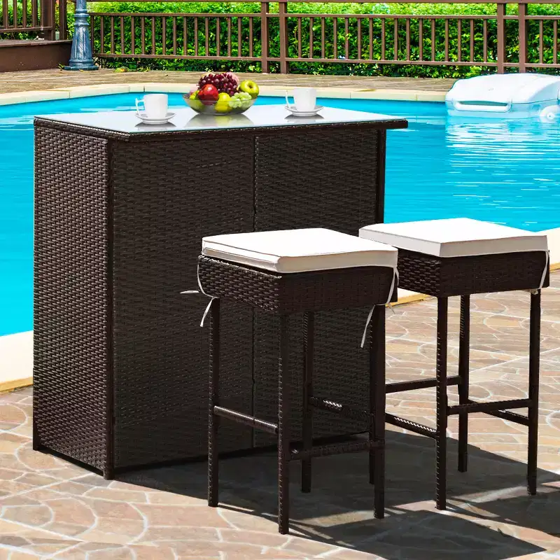 Costway Ensemble Table et 2 Tabourets de Bar en Rotin pour Patio, Chaises Rembourrées pour Jardin