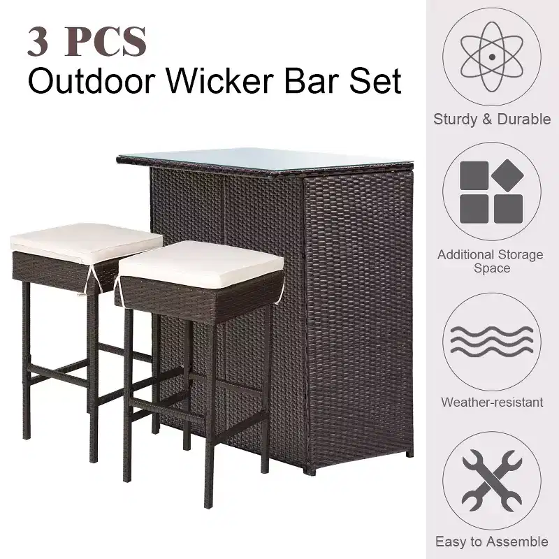 Costway Ensemble Table et 2 Tabourets de Bar en Rotin pour Patio, Chaises Rembourrées pour Jardin